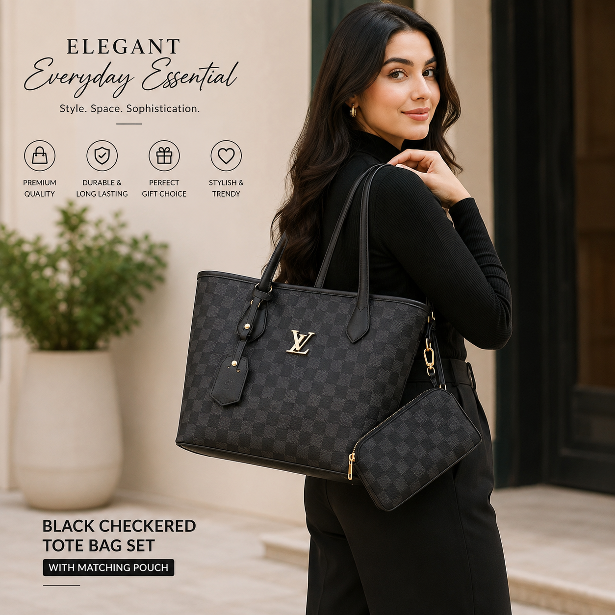 👜 Premium Women's Brown Checkered Handbag Set with Matching Pouch | Elegant Tote Shoulder Bag