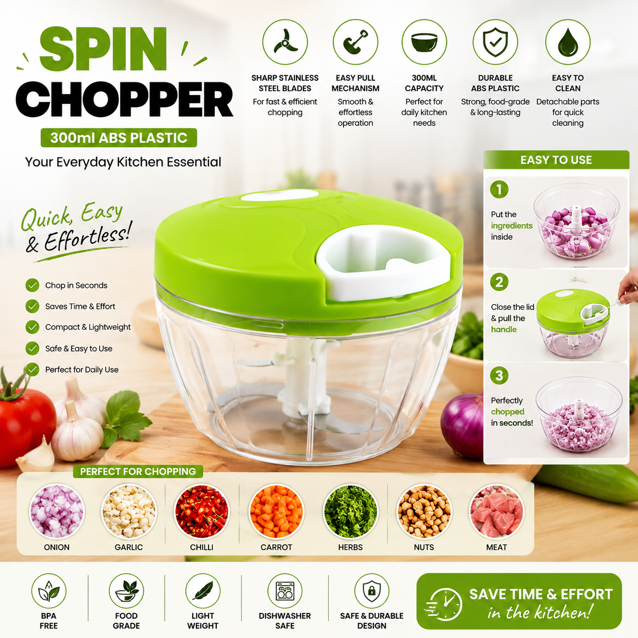 Premium 300ml Manual Spin Chopper – Multi-Purpose Kitchen Food Processor
