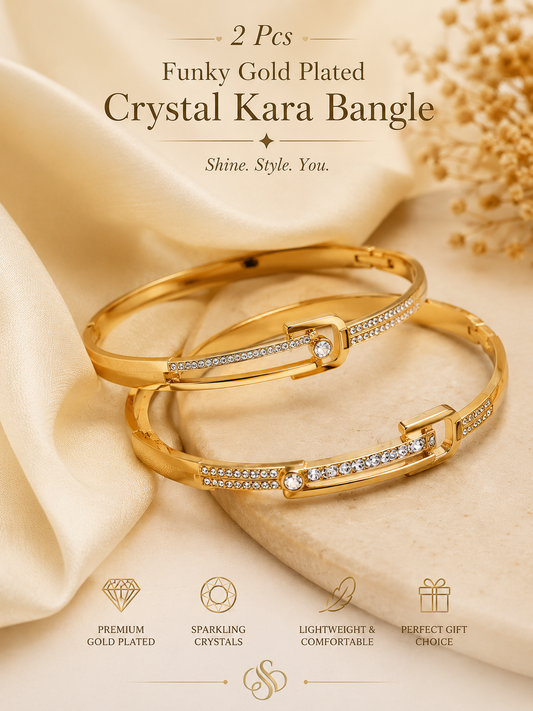 β¨ 2 Pcs Funky Gold Plated Crystal Kara Bangle Set β¨