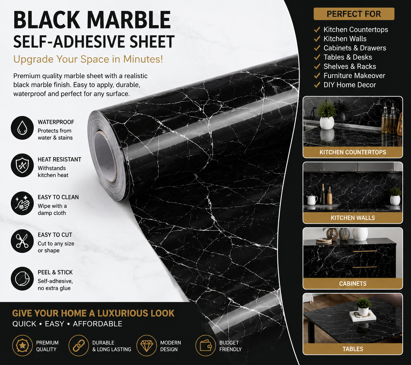 🖤 Black Marble Self-Adhesive Sheet for Kitchen Countertops & Walls