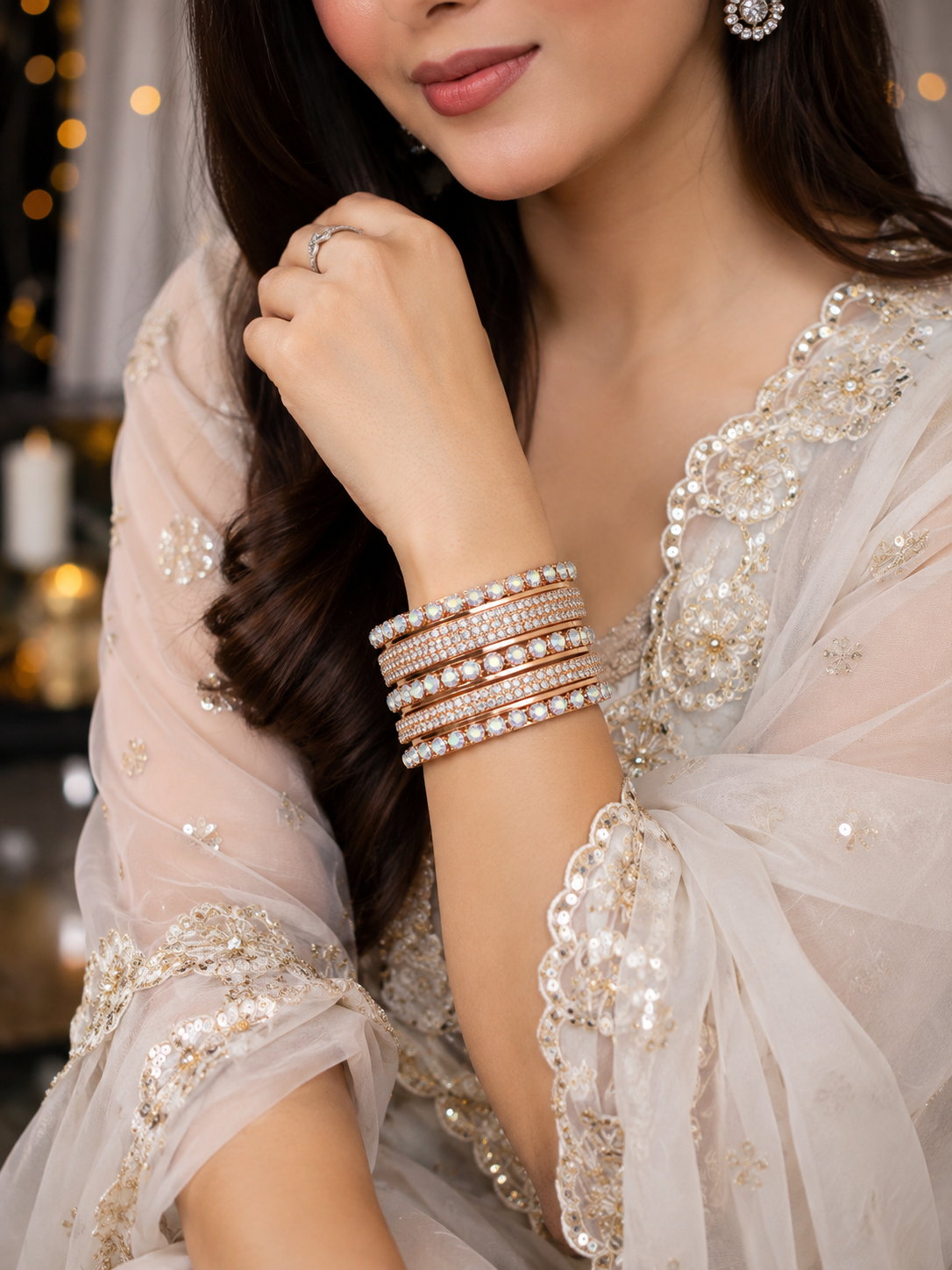 ✨ Modern Gold Plated Crystal Kara Bangle Set of 6