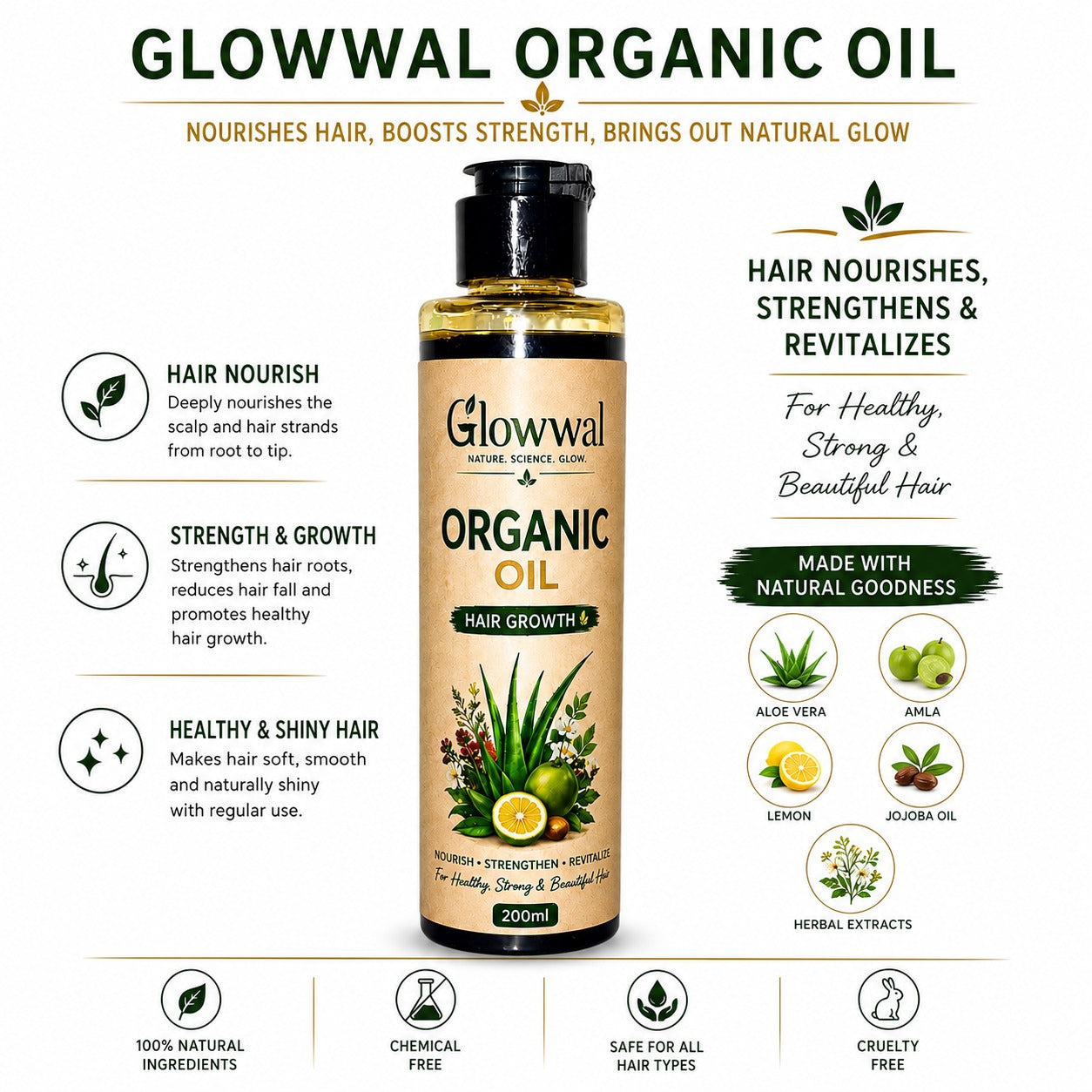 ๐ฟ Glowwal Organic Hair Growth Oil 200ml | Natural Hair Formula ๐