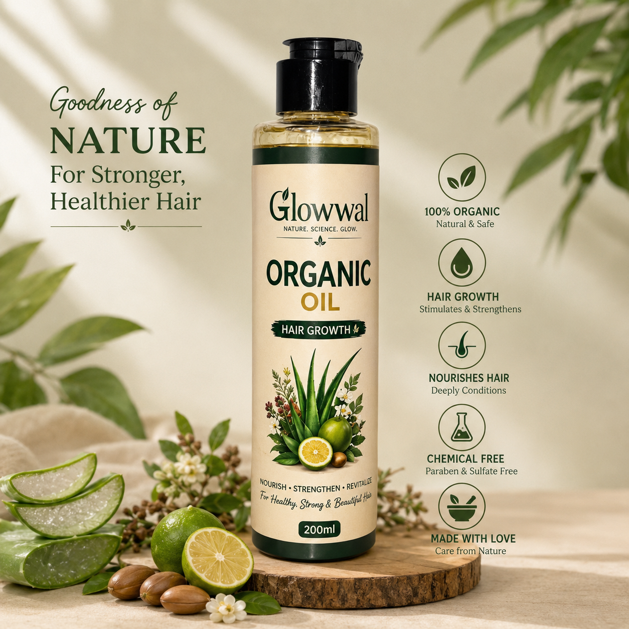 🌿 Glowwal Organic Hair Growth Oil 200ml | Natural Hair  Formula 💚