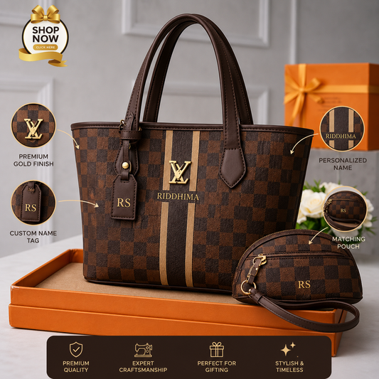 👜 Premium Women's Brown Checkered Handbag Set with Matching Pouch | Elegant Tote Shoulder Bag