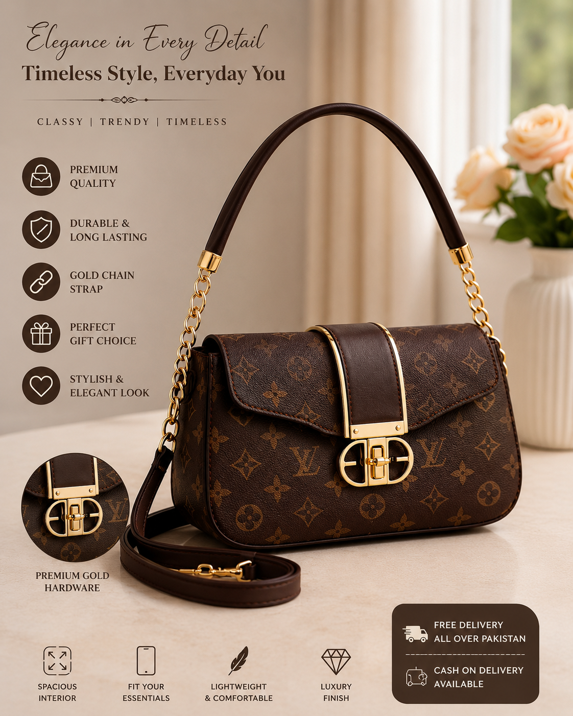 Premium Brown Leather Shoulder Bag for Girls with Gold Chain Strap | Elegant Crossbody Purse