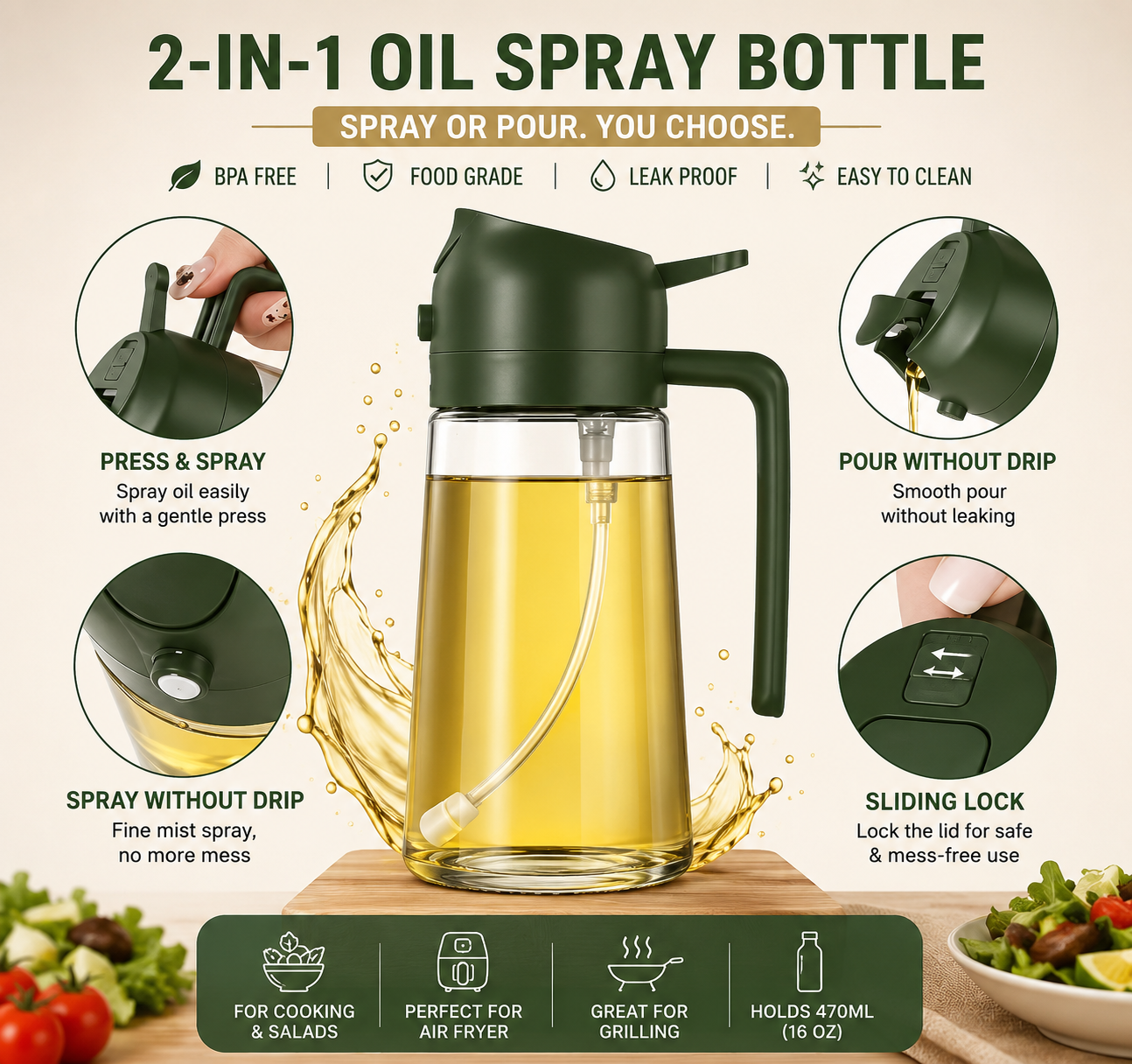Premium Glass 2-in-1 Oil Spray Bottle with Fine Mist Sprayer