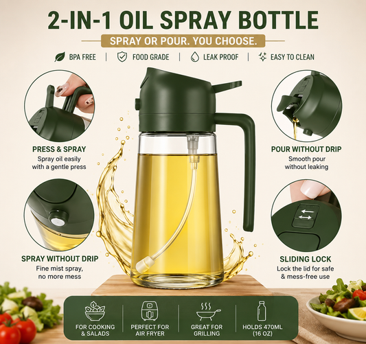 Premium Glass 2-in-1 Oil Spray Bottle with Fine Mist Sprayer