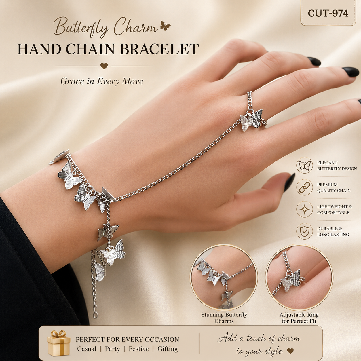 🌸 Silver Butterfly Hand Chain Bracelet for Women ✨