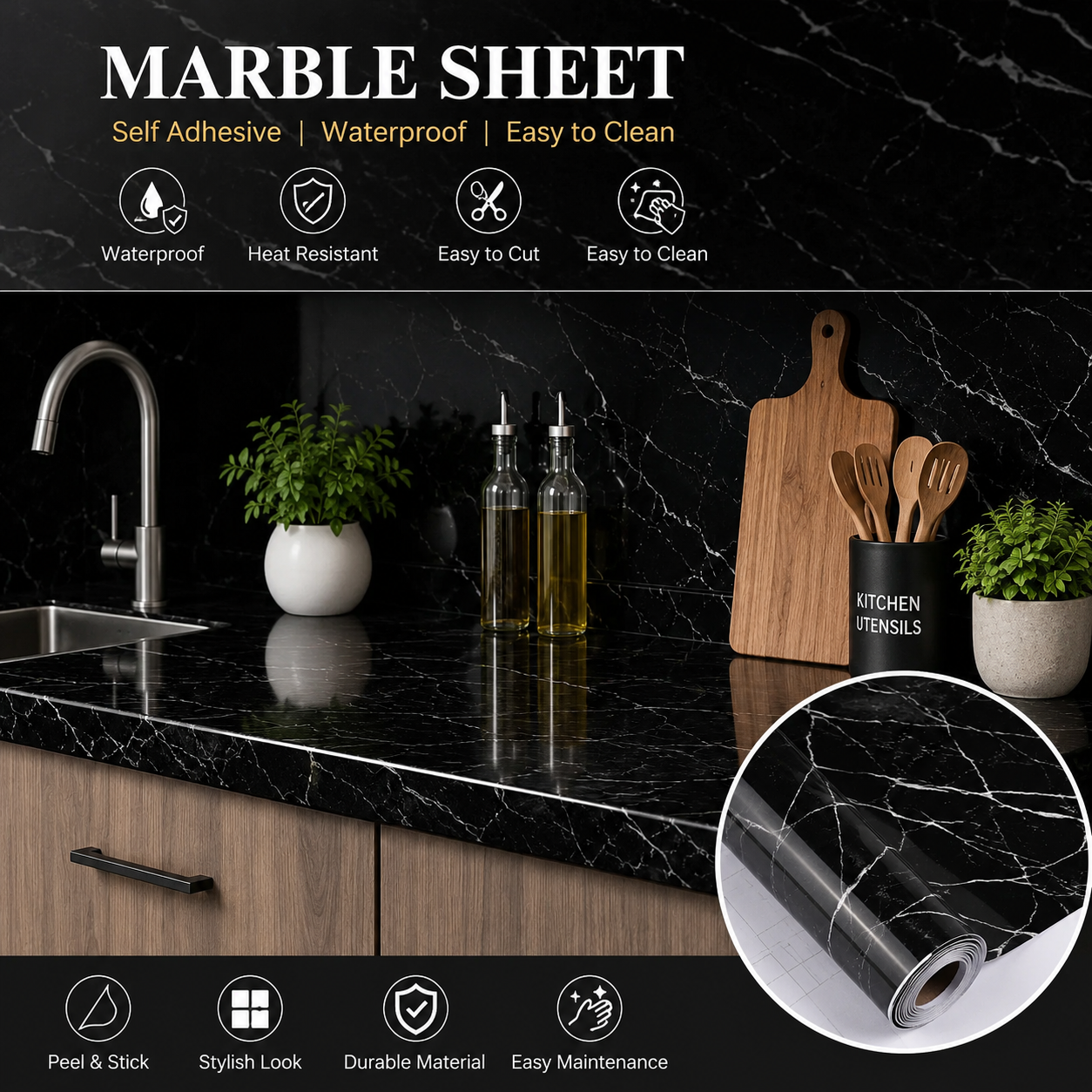 🖤 Black Marble Self-Adhesive Sheet for Kitchen Countertops & Walls