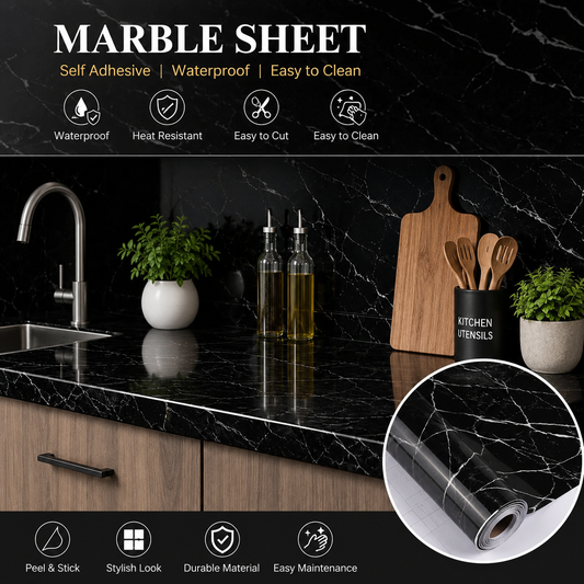 🖤 Black Marble Self-Adhesive Sheet for Kitchen Countertops & Walls