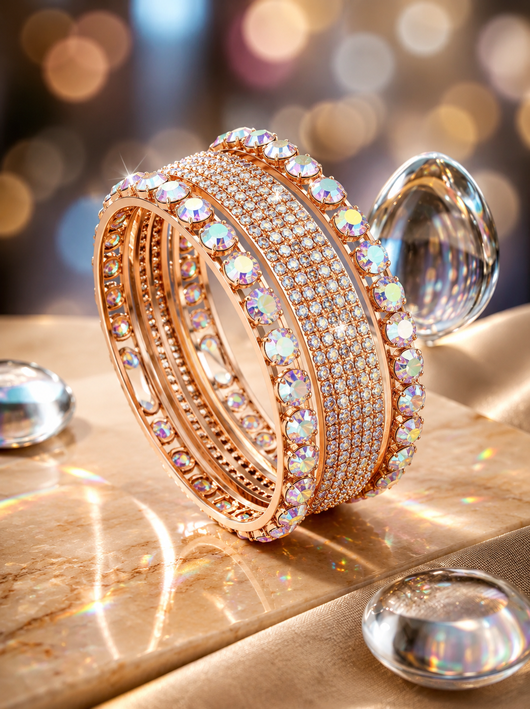✨ Modern Gold Plated Crystal Kara Bangle Set of 6