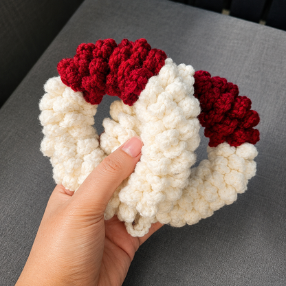 🌸 Premium Crochet Hair Scrunchie – Red & White Chunky Knit Elastic Hair Tie for & Girls