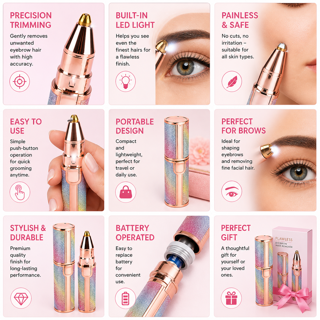 Flawless Electric Eyebrow Trimmer with Built-in Light ✨ – Portable & Painless Hair Remover