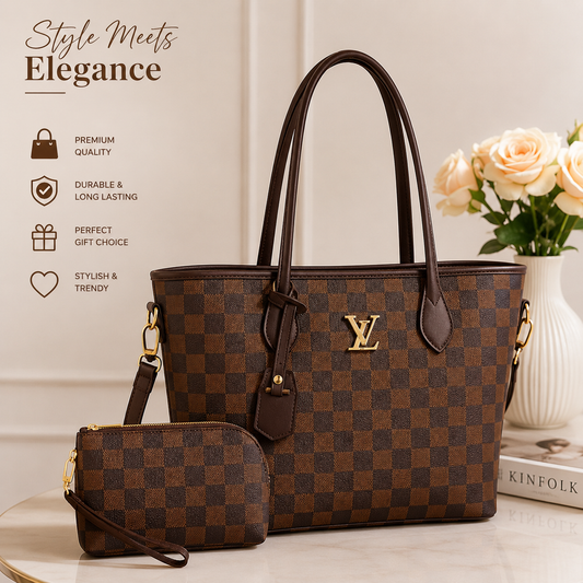 👜 Premium Women's Brown Checkered Handbag Set with Matching Pouch | Elegant Tote Shoulder Bag