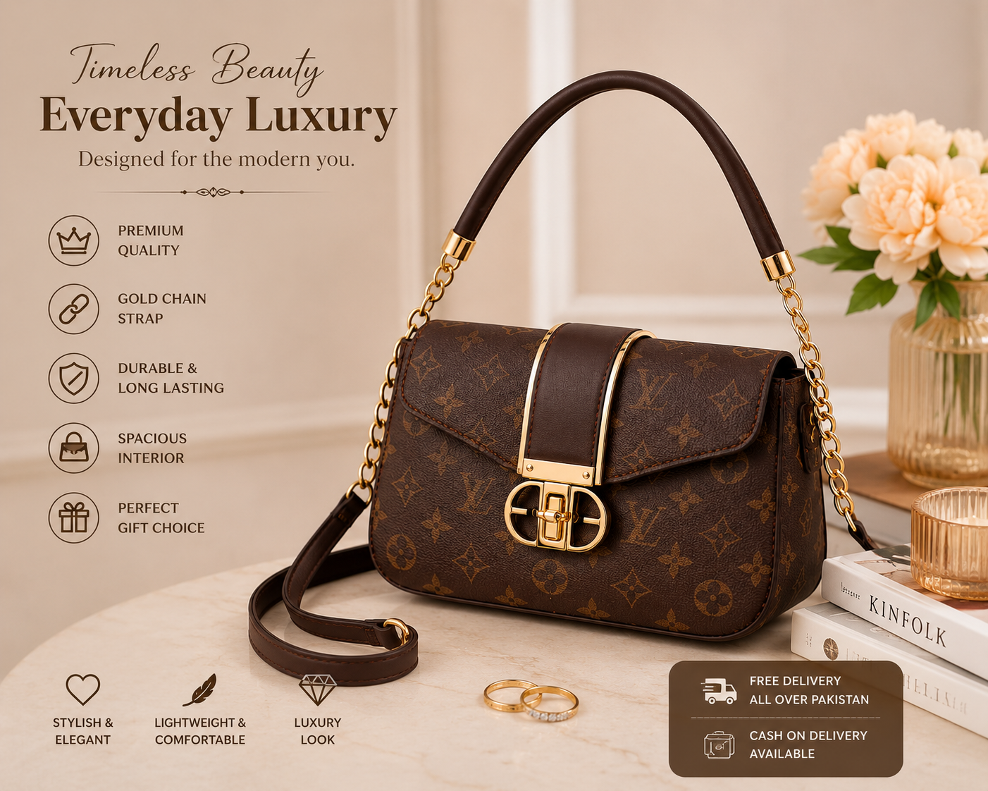 Premium Brown Leather Shoulder Bag for Girls with Gold Chain Strap | Elegant Crossbody Purse