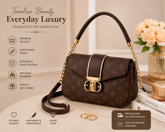 Premium Brown Leather Shoulder Bag for Girls with Gold Chain Strap | Elegant Crossbody Purse