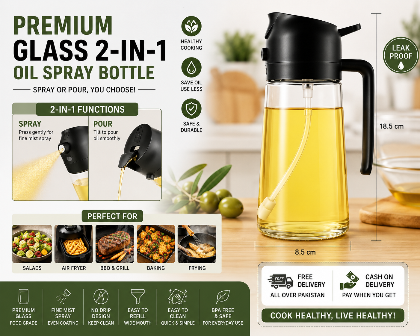 Premium Glass 2-in-1 Oil Spray Bottle with Fine Mist Sprayer