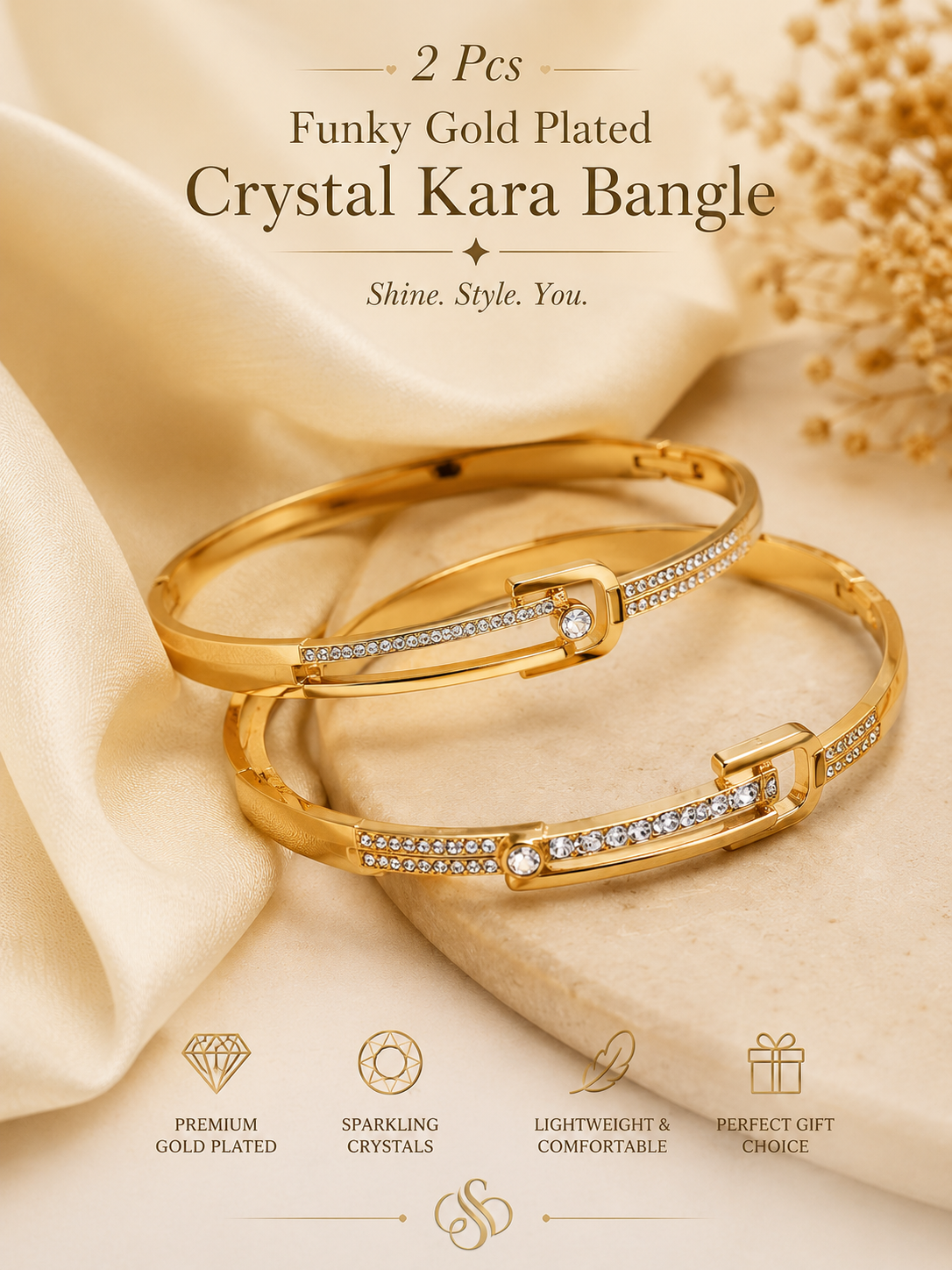 ✨ 2 Pcs Funky Gold Plated Crystal Kara Bangle Set ✨