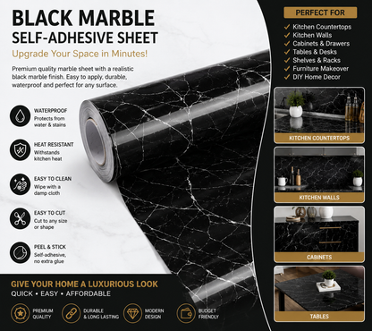 🖤 Black Marble Self-Adhesive Sheet for Kitchen Countertops & Walls