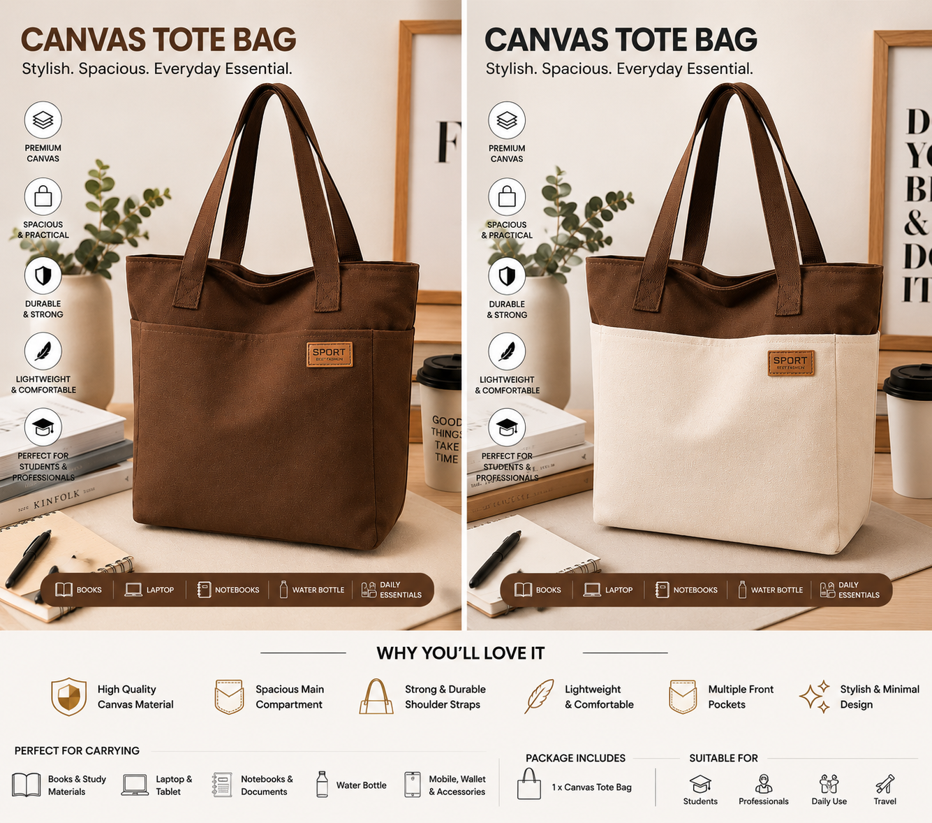 👜 Premium Canvas Tote Bag for Students & Professionals