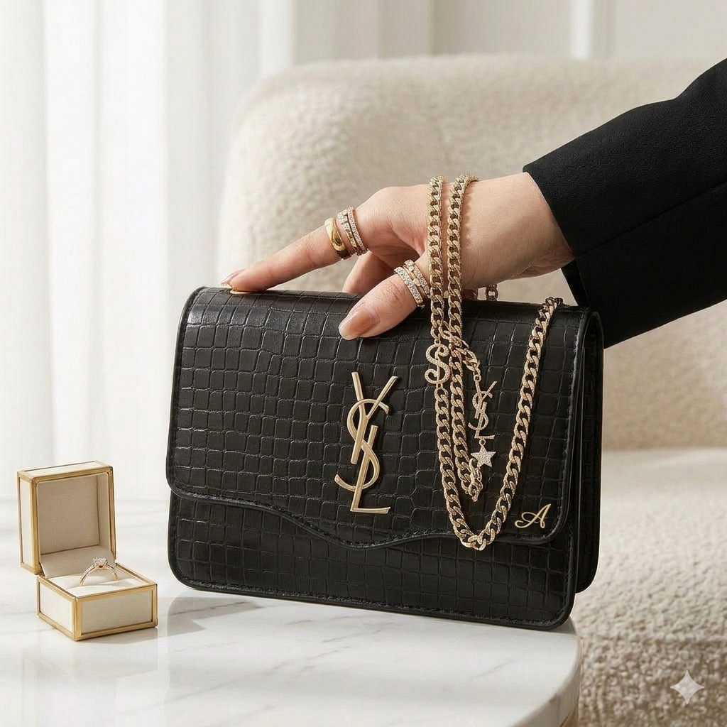 👜 Black Luxury Crossbody Bag with Gold Chain Strap – Elegant Women's Shoulder Purse