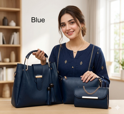 👜 Luxury Blue 3-Piece Rexine Handbag Set for Women