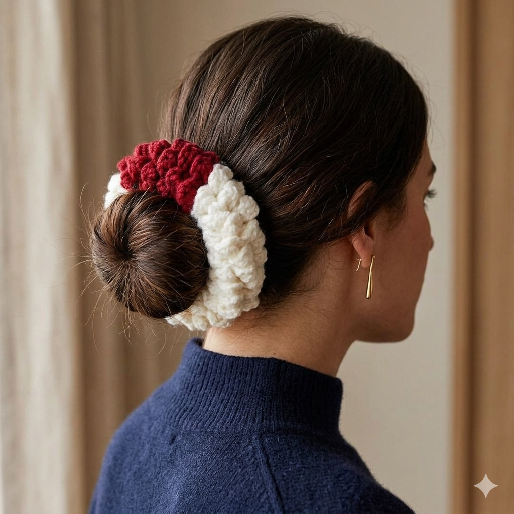 🌸 Premium Crochet Hair Scrunchie – Red & White Chunky Knit Elastic Hair Tie for & Girls