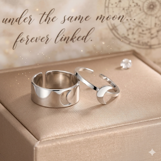 🌙 Silver Moon Couple Rings Set – 2 Pcs Adjustable Alloy Rings