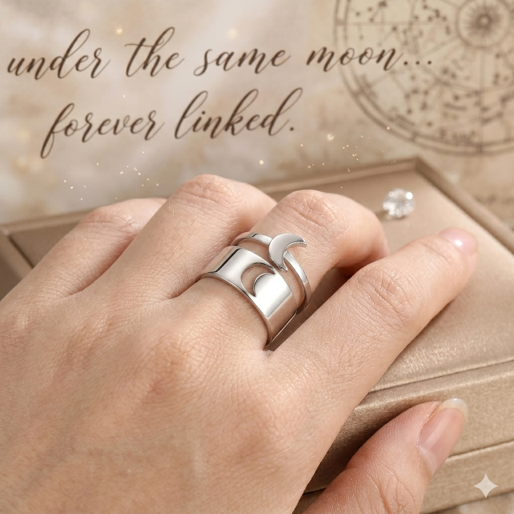 🌙 Silver Moon Couple Rings Set – 2 Pcs Adjustable Alloy Rings